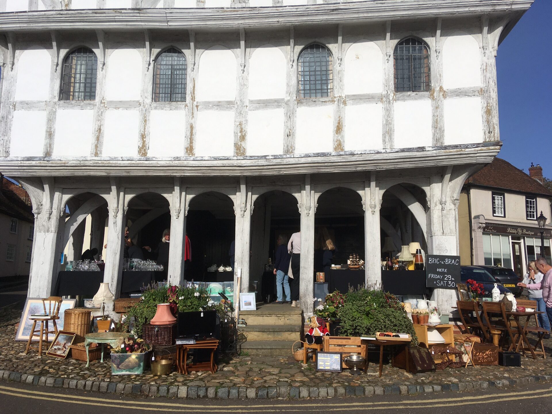 A view of Thaxted Guild Hall with Diana's Bric-a-Brac laid out, ready for the sale to start